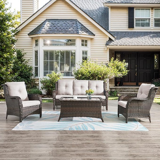 Belord Patio Wicker Furniture 4 Pieces Outdoor Furniture Set Patio Sofa Set with Wicker Chairs and Coffee Table, Paito Conversation Set for Porch Garden Deck Balcony Poolside