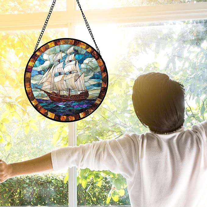 DASTOLL Stained Glass Window Hanging, Sailing Ocean Sun Catchers Glass Panel Navigation Suncatcher Decor for Birthday for Women, Men, Wife, Aunt, and Mom 7.8 in