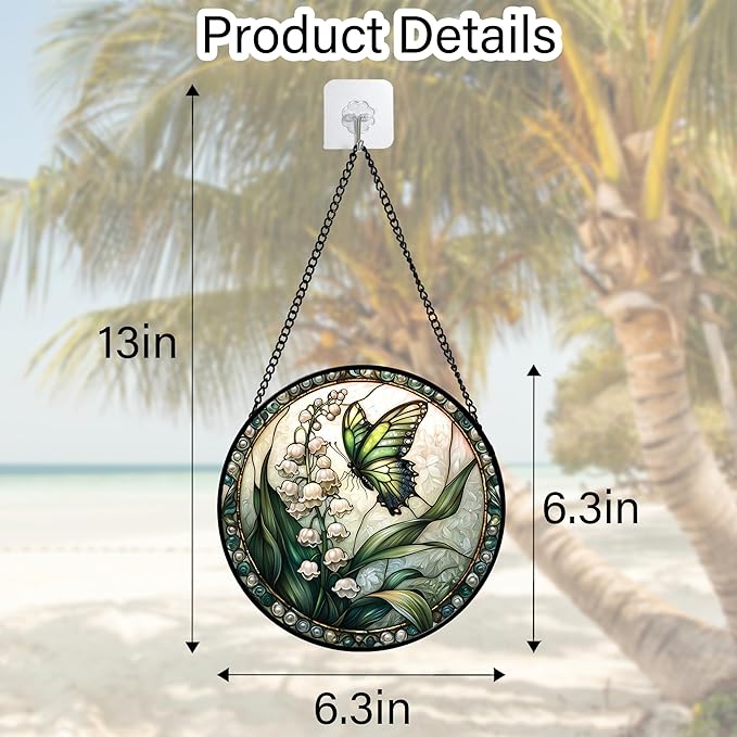 DASTOLL Stained Glass Window Hanging, Lily of The Valley Flower Butterfly Suncatcher for Doors Home Sun Catchers Decoration and Christmas, Mother's Day Birthday Gifts for Women, Men, Mom 6.3 in