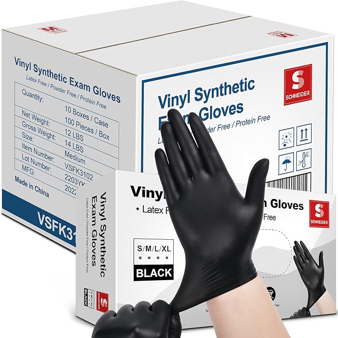 Schneider Vinyl Synthetic Exam Gloves, 4 Mil, Latex Free Disposable Gloves for Medical, Cooking, Cleaning, and Food Prep