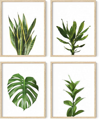 HAUS AND HUES Plant Wall Art - Set of 4 Green Plant Pictures Collection, Botanical Prints, Sage Green Leaves Paintings, Minimalist Wall Decor (11x14, Beige Frame)