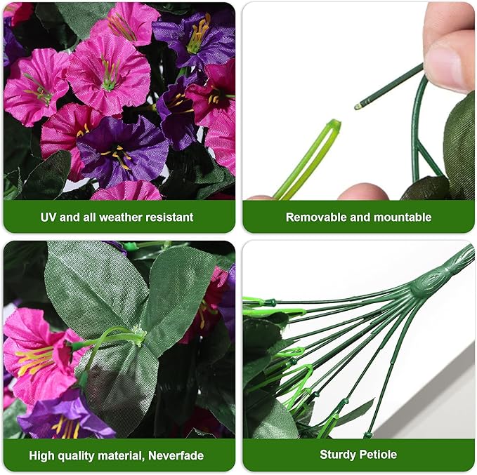 Artificial Fake Fall Hanging Plants Flowers for Outdoor 2 PCS Faux Silk Morning Glory Vines Stems UV Resistant for Wall Home Porch Patio Party Wedding Decor (Dark Purple and Fuchsia)