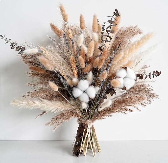 Natural Dried Flower Bouquet - Pampas Grass, Cotton Stems, Bunny Tails, Eucalyptus, Lavender & Wheat - Rustic Boho Decor for Home, Fall Decorations for Home, Wedding, or Gift