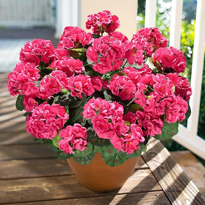 Artificial Geranium Fake Flowers for Outdoors Decoration, 6 Bundles Silk Geraniums Flower UV Resistant Look Real Faux Plants for Outside Planter Front Door Garden Patio Balcony Yard Home, Hot Pink