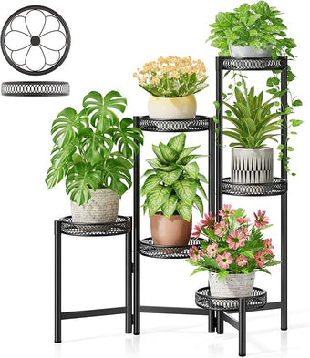 NQW 6 Tier Large Plant Stand Indoor with 7.9-Inch Wide Drainage Tray, Tiered Corner Metal Outdoor Flower Display Holder Shelf, Folding Tall Rack for House Patio Porch Balcony Graden - BlackFlower