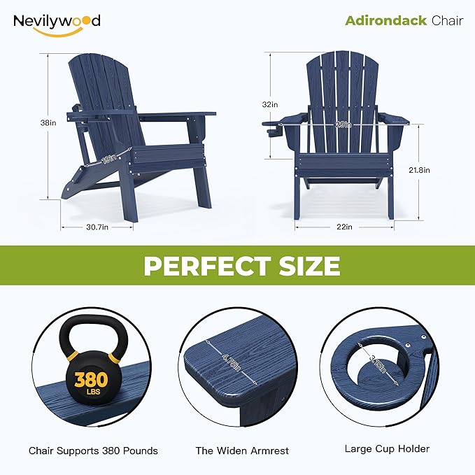 nevilywood Folding Adirondack Chair with Cup Holder Set of 4, HDPE Patio Chairs,All-Weather Outdoor Chairs for Backyard, Deck,Fire Pit-NavyBlue