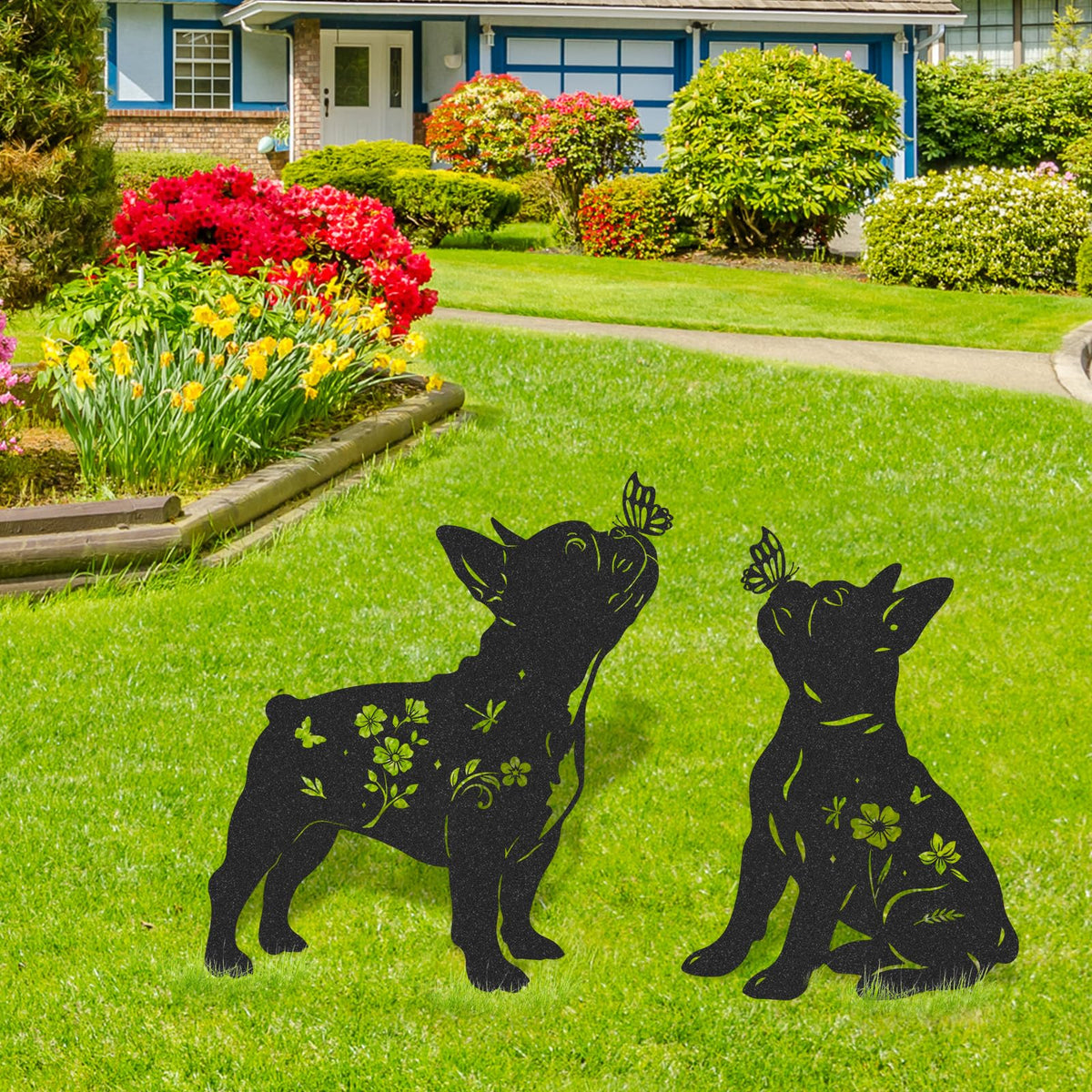 LIRAVENO French Bulldog Garden Decor - 2 Pcs Metal Animal Statue Set