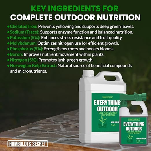 Humboldts Secret Everything Outdoor Plant Food | 5-5-5 Liquid Fertilizer with Norwegian Kelp | All Purpose Lawn, Vegetable & Fruit Food | Garden Nutrients | Refillable Hose End Bottle | 1 Gallon