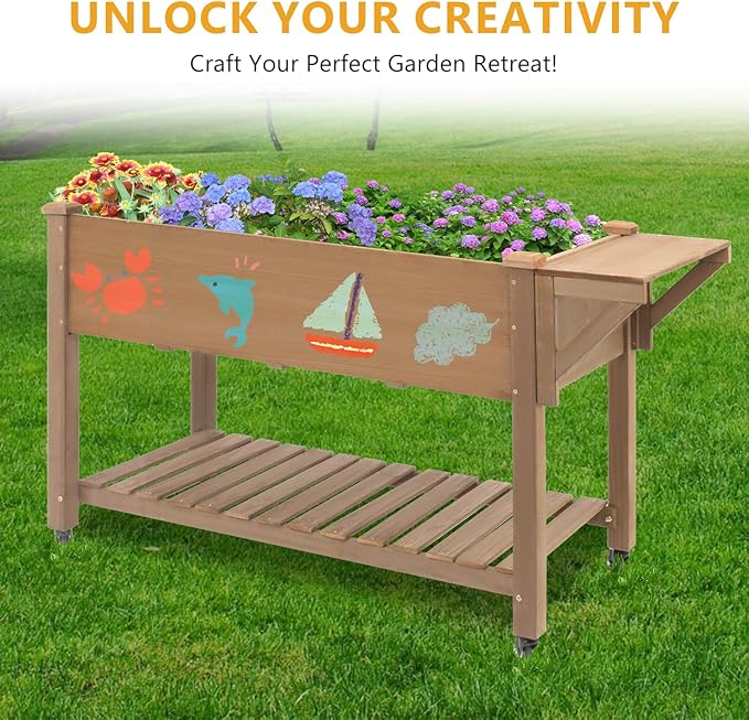 Raised Garden Bed with Lockable Wheels Mobile Elevated Wood Planter,Storage Shelf, Protective Liner,55.5x24x32in (Brown)