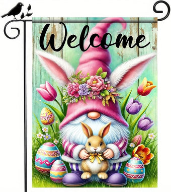 Easter Garden Flag 12x18 Inch Double Side Gnome with Bunny and Tulips Easter Decoration Spring Yard Flag Easter Eggs Colorful Welcome Yard Outdoor Home Display