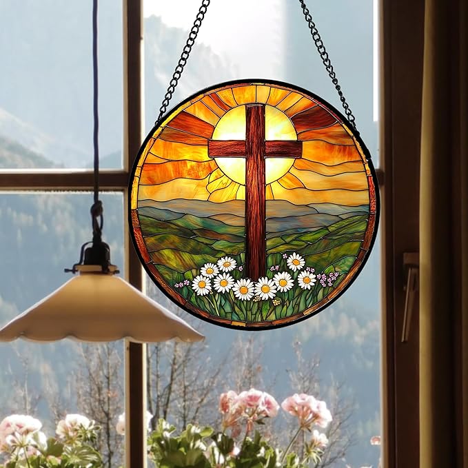 JOSUMALY Christian Gifts for Women - Cross Stained Glass Window Hanging Easter Daisy Natural Landscape Sun Catcher Garden Religion Decor Mother's Day Catholic Gift for Men Grandma Mom Her Nana 11.8"