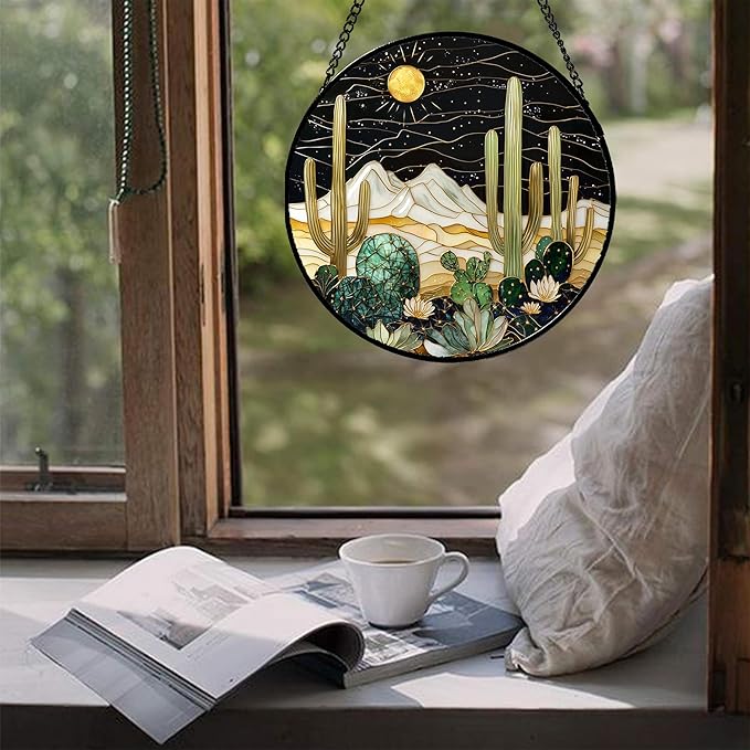 DASTOLL Stained Glass Window Hanging, Black and White Golden Cactus Nature Suncatcher for Doors Window Home Starry Sky Sun Catchers Decor Mother's Day Birthday Gifts for Women, Men Mom 15 in