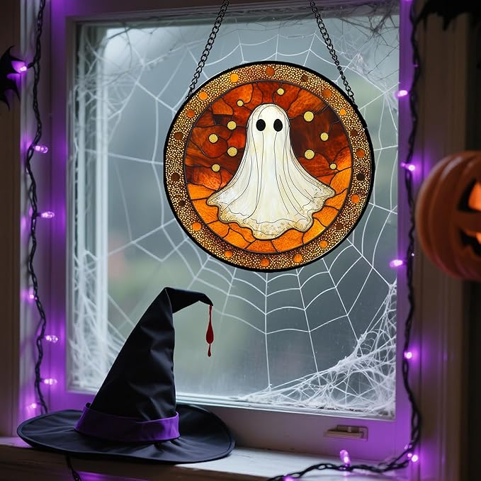 Stained Glass Window Hanging - Halloween Decorations White Ghost Suncatcher for Doors Garden Indoor Spooky Funny Orange Sun Catchers Gothic Decor Horror Gifts for Women Men Friend 15 in