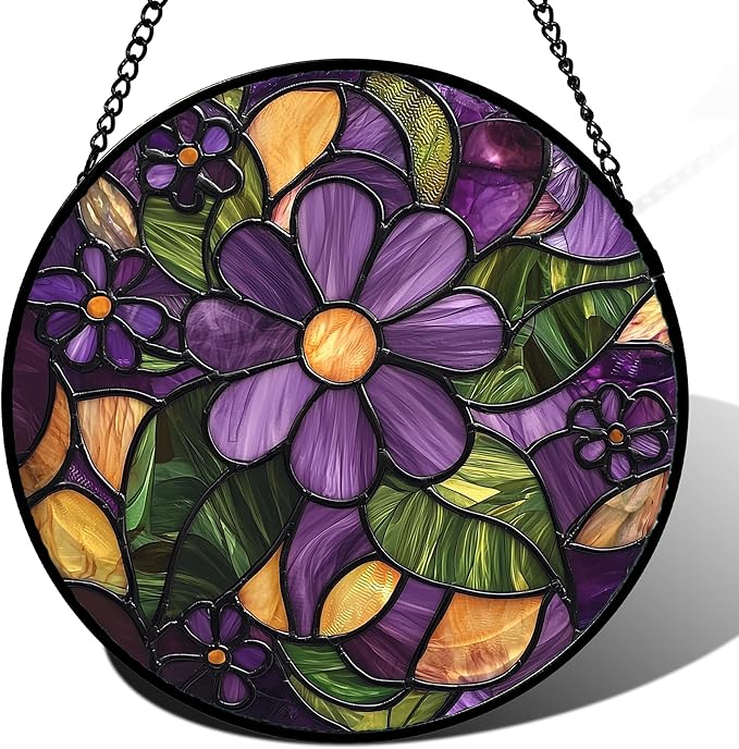 AMDERVEN Stained Glass Window Hanging, Purple Green Flowers Sun Catcher for Door Home Decor Plants Suncatcher Christmas Mother's Day Birthday Gifts for Women Men Mom and Nana 6.3 in