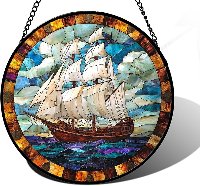 DASTOLL Stained Glass Window Hanging, Sailing Ocean Sun Catchers Glass Panel Navigation Suncatcher Decor for Birthday for Women, Men, Wife, Aunt, and Mom 9.8 in