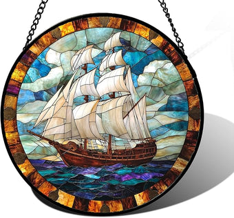 DASTOLL Stained Glass Window Hanging, Sailing Ocean Sun Catchers Glass Panel Navigation Suncatcher Decor for Birthday for Women, Men, Wife, Aunt, and Mom 9.8 in