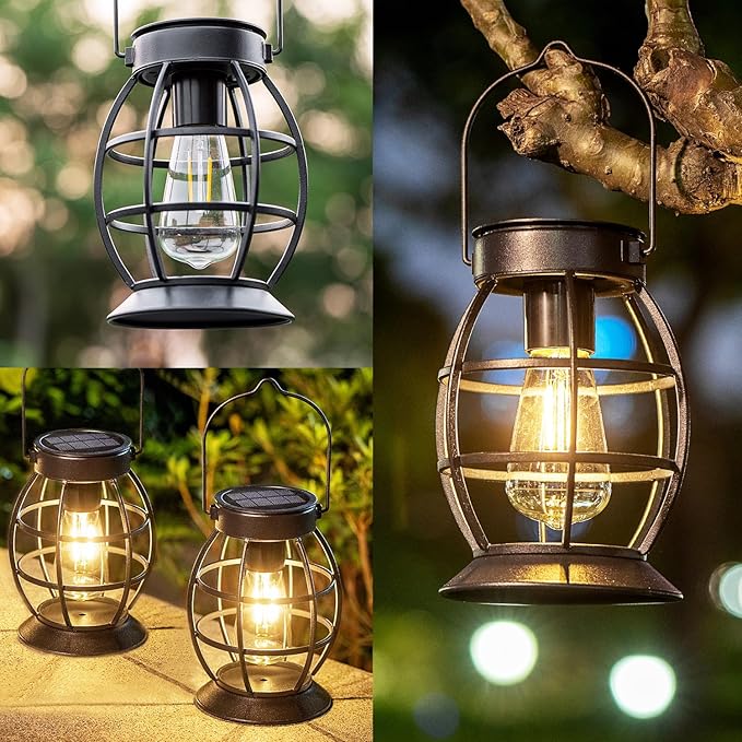 LeiDrail Solar Lantern Outdoor Hanging Waterproof Lights, Metal LED Lanterns Sun Powered Landscape Decor for Table Garden Yard Patio Pathway Porch 4 Pack
