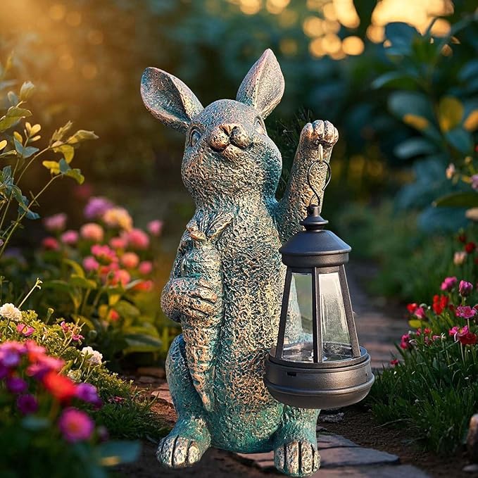 Solar Garden Statues -Rabbit Lantern Outdoor Handmade Resin Statue with LED Light, Cute Carrot Holder for Patio, Yard, Gift Ideas (rabbit2)