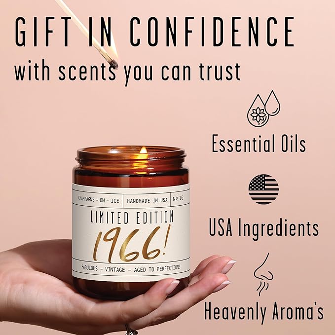 60th Birthday Gifts for Women Ideas - 'Limited Edition 1966' Soy Candle, w/Champagne on Ice I 1965 60th Birthday Gift Ideas I 9oz Reusable Jar, 50Hr Burn, Made in USA
