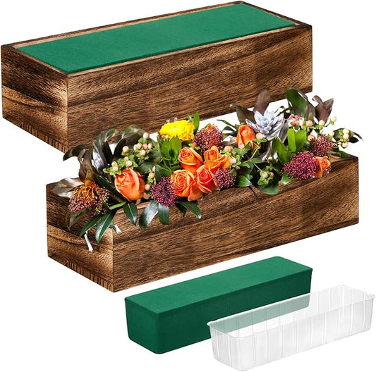 Dandat 2 Set Wood Boxes for Centerpieces 12x4 Inch Rectangle Wooden Planter Box Rustic Wood Planter with Removable Plastic Liner Floral Foam Blocks for Centerpieces Home Wedding Garden Decor