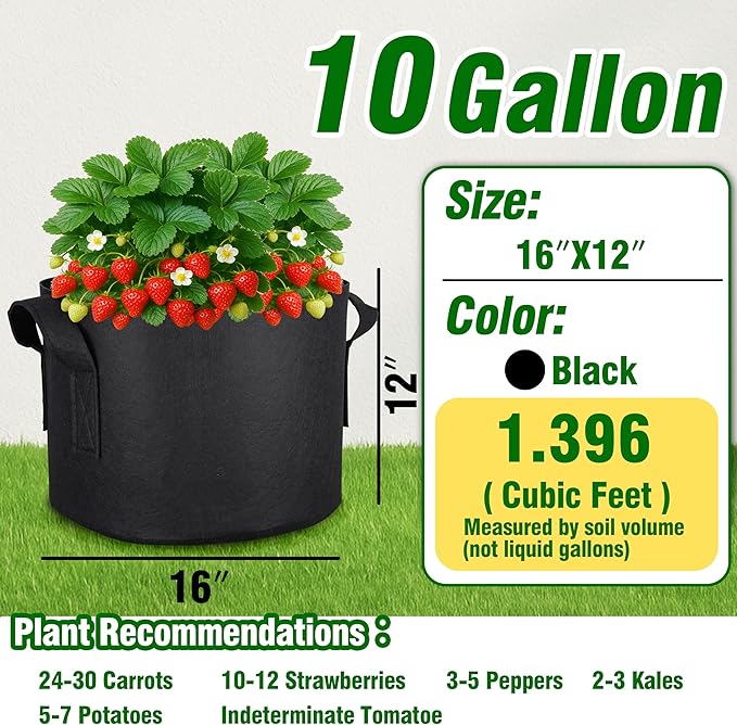 PHYEX 12-Pack 10 Gallon Grow Bags, Heavy Duty Fabric Pots with Handles, Reusable Plant Bags for Vegetable, Herbs & Flowers, BPA-Free, Breathable, Durable
