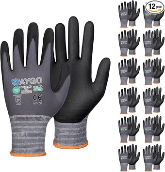 KAYGO Safety Work Gloves MicroFoam Nitrile Coated, 12 Pairs KG18NB,Seamless Knit Nylon Glove for Men and Women, Ideal for Automotive,Warehouse,Construction (2X-Large,Gray)