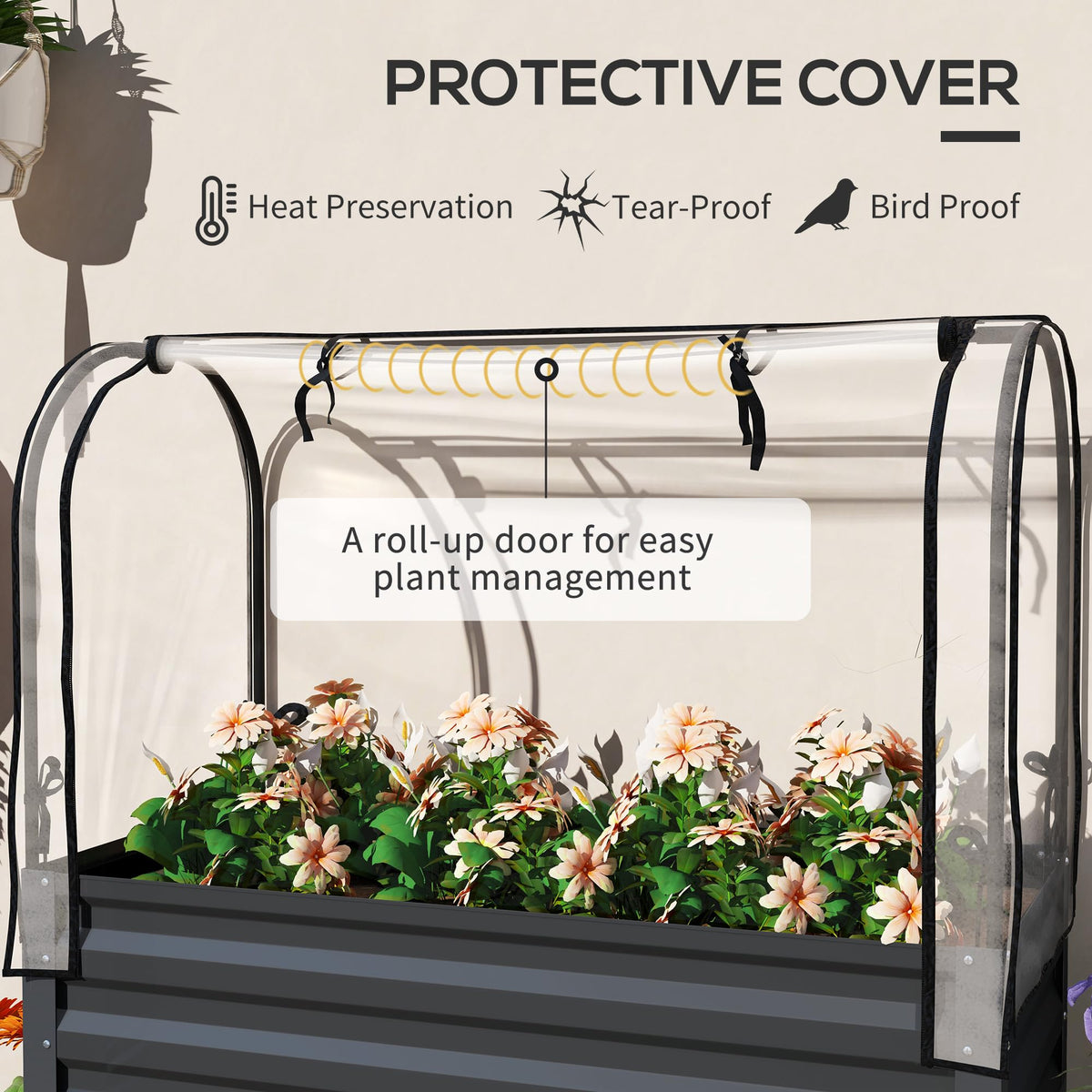 Outsunny Raised Garden Bed with Cover and Storage Shelf, Dark Gray