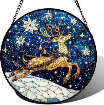 HWRHTR Stained Glass Window Hanging - Reindeer Blue Starry Sky Suncatcher for Doors Home Christmas Decoration Winter Sun Catcher Thanksgiving New Year Birthday Gifts for Women Men Mom Nana 9.8 in