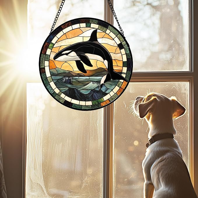 Stained Glass Window Hanging Ocean Wave Killer Whale Large 11.8" - Suncatcher Door Garden Sunroom Sun Catcher Home Decor Birthday Christmas for Mom Men Woman Nana