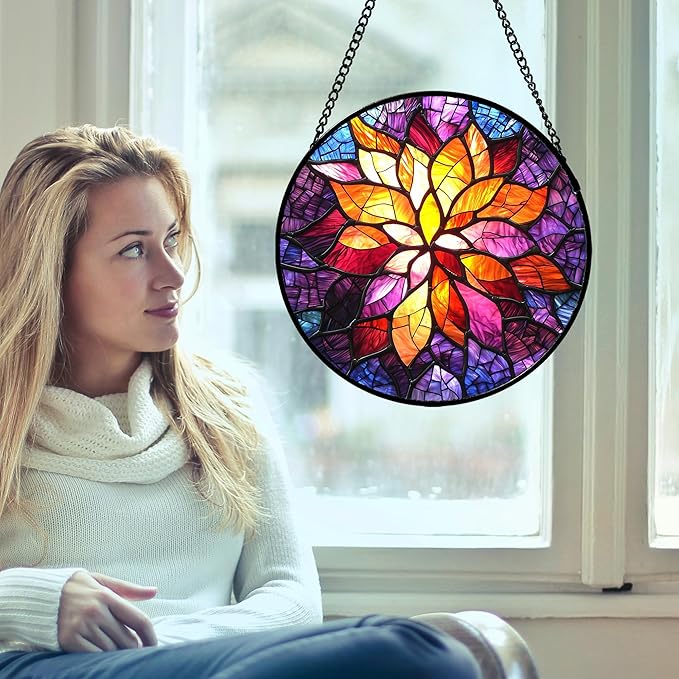 AMDERVEN Stained Glass Window Hanging, Fuchsia Abstract Flowers Suncatcher for Window Home Decor Orange Sun Catcher Mother's Day Birthday Gifts for Women Men Mom Nana 6.3 in