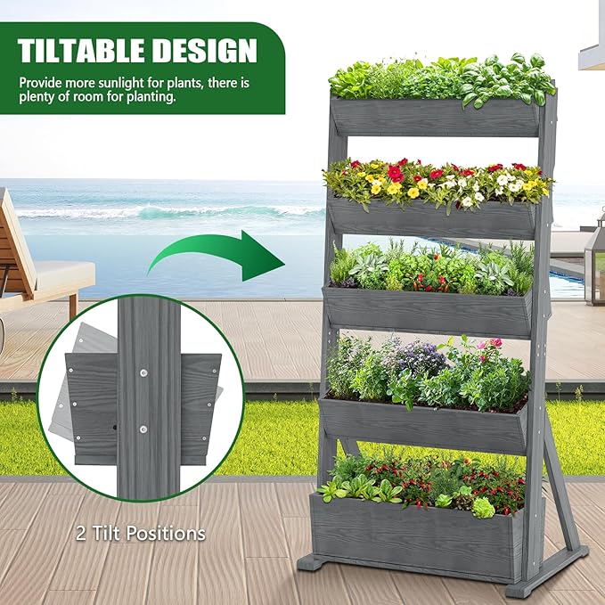 Wooden Vertical Raised Garden Bed, 5 Tier Garden Planters Raised Beds Freestanding Plant Stand Flower Rack Wooden Planter Box for Plants Herbs Flowers Vegetables Outdoor Indoor Gardening
