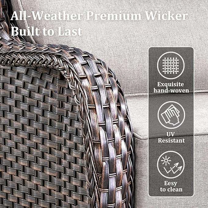 Luxury Patio Furniture Set with 42.5" Fire Pit Table, 8 Pieces High Back All Weather Wicker Outdoor Furniture w/ 6-Inch Thick Cushions, Patio Swivel Chairs Couch for Deck Balcony Backyard Brown/Beige