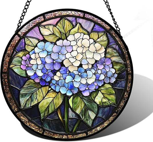 DASTOLL Stained Glass Window Hanging, Hydrangea Flowers Sun Catchers Diamond Glass Panel Hangings Plant Suncatcher Decor for Birthday for Women, Men, Wife, Aunt, and Mom 9.8 in