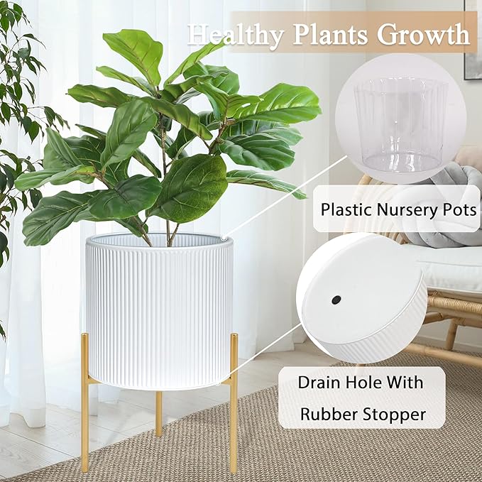 ARNIS Modern Plant Pots, Set of 2 Round Large Planters with Stand, Large Size Metal Pots with Drainage Holes for Living Room, Office, Garden or Balcony, 10.5 &12.25 Inch, White & Gold