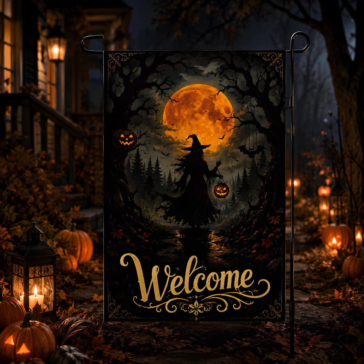 Halloween Decorations - Witch Full Moon Welcome Garden Flag for Outdoor