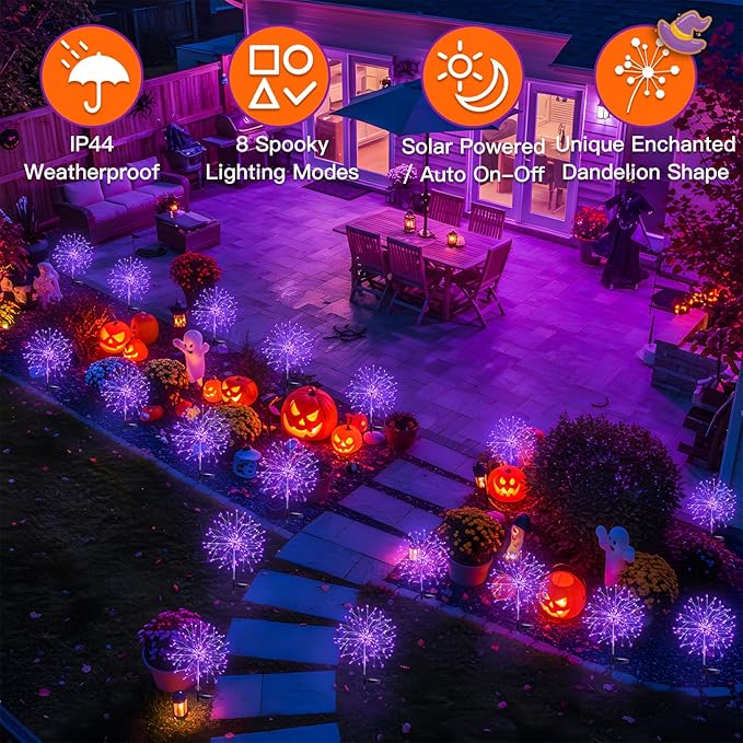 suddus 2 Pack Purple Halloween Lights Outdoor, 150LED Purple Solar Garden Lights with 8 Modes, Waterproof Solar Firework Light for Halloween Yard Garden Decorations