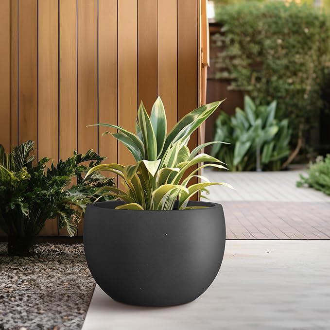 Kante 15.7" Dia Round Concrete Planter, Outdoor/Indoor Large Bowl Plant Pots with Drainage Hole and Rubber Plug for Garden Patio Balcony Home, Black