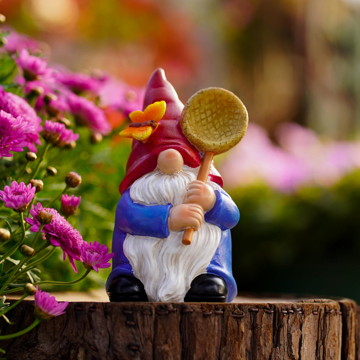 Garden Gnome Statue with Butterfly Net, Garden Decor