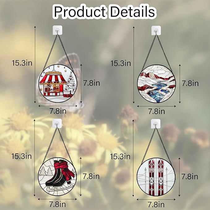 AMDERVEN Stained Glass Window Hanging 4 Pcs Set Winter Skiing Red Christmas House 7.8" - Suncatcher Door Garden Sun Catcher Decor Birthday Mother's Day for Mom Woman Nana Friend