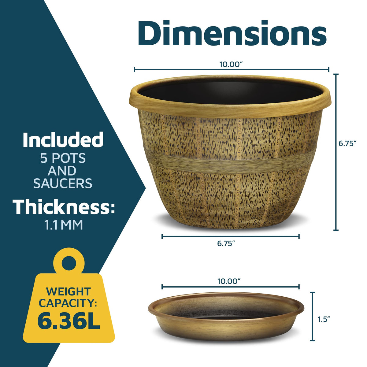 10-Inch Whiskey Barrel Planters Outdoor Pack of 5 - Durable Plastic Plant Pots for Indoor & Outdoor Use with Drainage & Saucer, Lightweight Rustic Barrel Planters for Flowers, Herbs & Small Plants