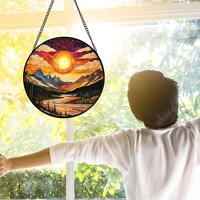 Stained Glass Window Hanging, Dusk Sunset Landscape Sun Catchers Glass Panel Lakes and Mountains Suncatcher Decor for Birthday for Women, Men, Wife, Aunt, and Mom 9.8 in