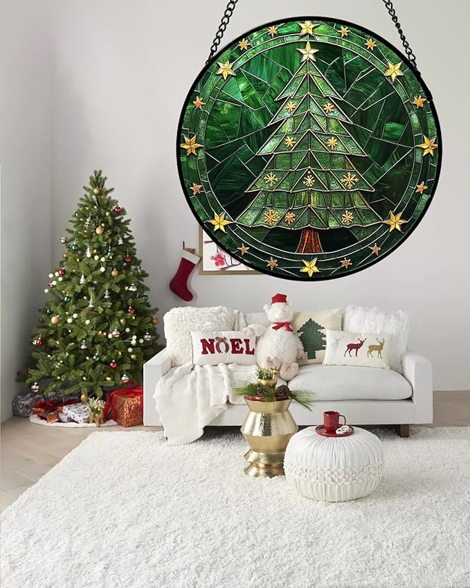 Stained Glass Window Hanging - Green Christmas Tree with Golden Stars Suncatcher for Doors Home Christmas Decoration Sun Catcher Thanksgiving New Year Birthday Gifts for Women Men Mom Nana 6.3 in