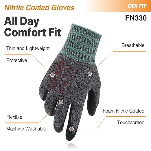DEX FIT Nitrile Work Gloves FN330, 3D-Comfort Stretchy Fit, Firm Grip, Thin & Lightweight, Touch-Screen Compatible, Durable, Breathable & Cool, Machine Washable; Black Grey XL (10)