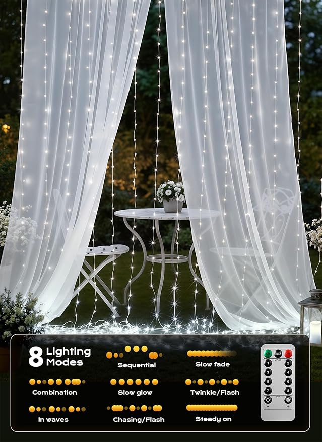 Brightown Curtain String Lights, Hanging Fairy Lights with Remote, 8 Modes, Waterproof Window Lights for Bedroom Backdrop Wedding Outdoor Christmas Party, White, 300LEDs