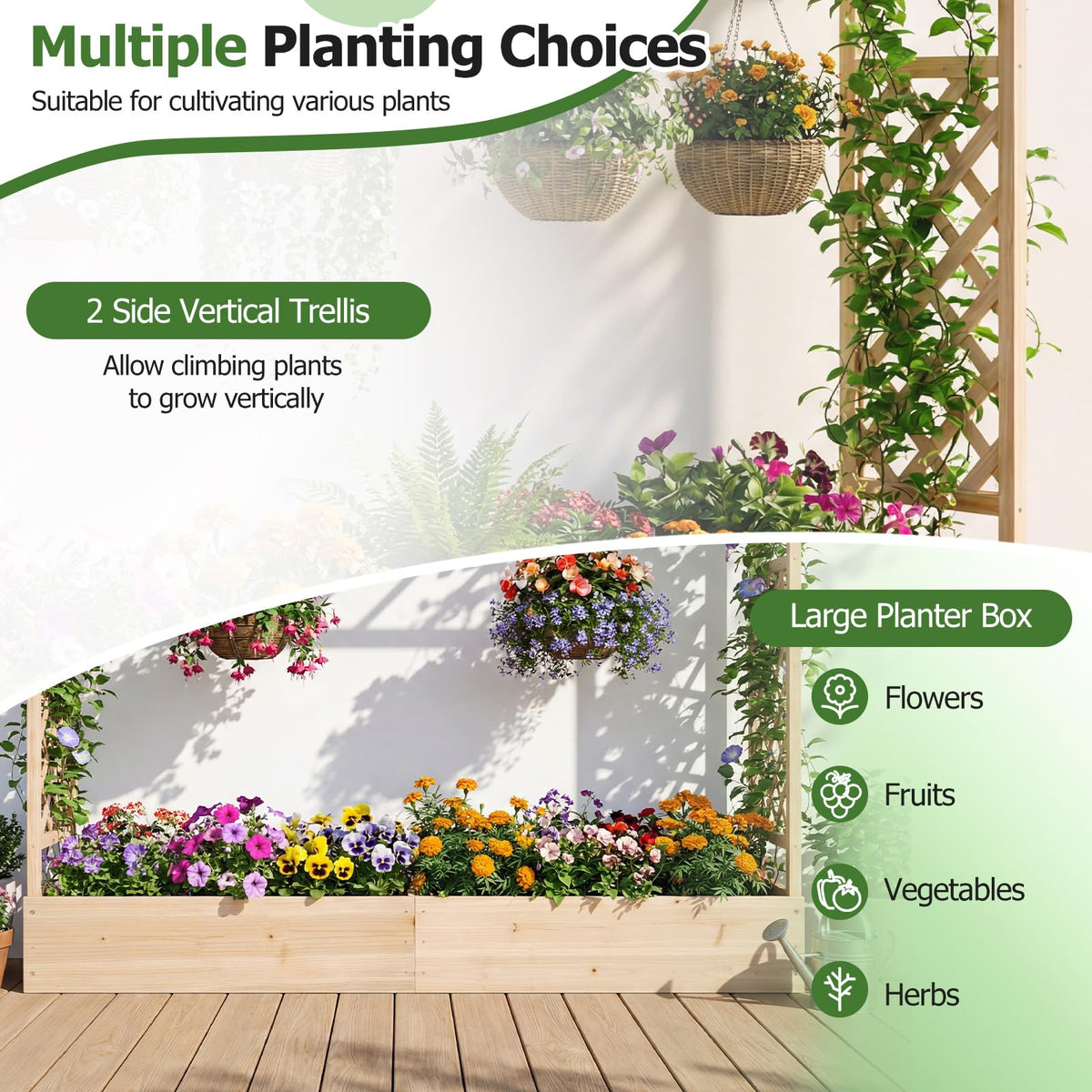 HAPPYGRILL 2 45" Raised Garden Bed with Trellis & Hanging Roof