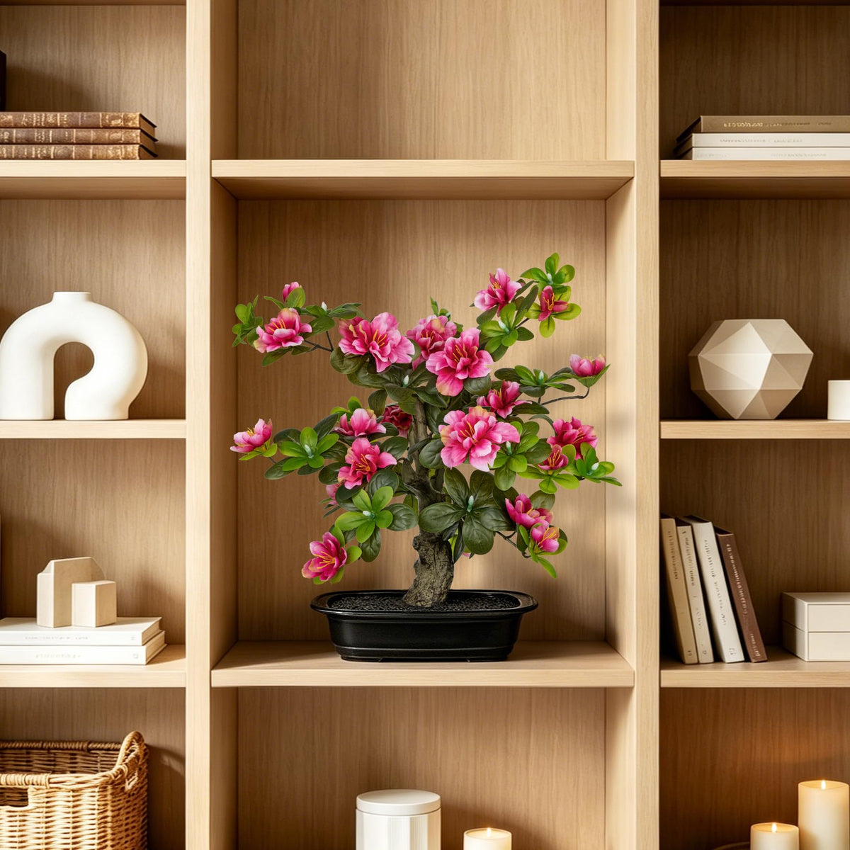 Hollyone Artificial Azalea Bonsai Tree Pink Fake Rhododendron Flowers Plants in Pot 15.7" Faux Azalea Flower Silk Small Potted Plant Floral Arrangement Desk Garden Walkway Table Centerpiece Home Decor