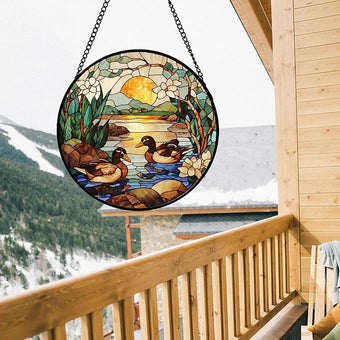 Stained Glass Window Hanging, Ducks in The Pond Sun Catcher for Door Home Decor Landscape Plant Suncatcher Christmas Mother's Day Birthday Gifts for Women Men Mom Nana 7.8 in