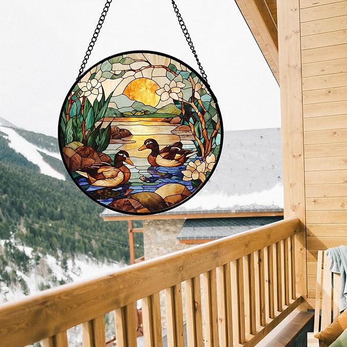 Stained Glass Window Hanging, Ducks in The Pond Sun Catcher for Door Home Decor Landscape Plant Suncatcher Christmas Mother's Day Birthday Gifts for Women Men Mom Nana 11.8 in