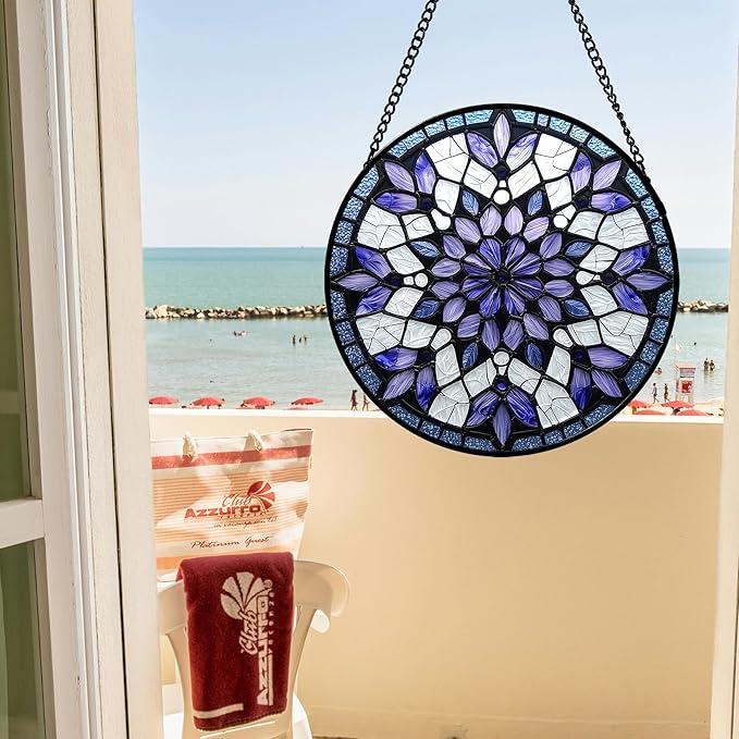 AMDERVEN Stained Glass Window Hanging, Purple Blue Tiffany Style Flowers Sun Catcher for Window Door Home Decor Suncatcher Christmas Mother's Day Birthday Gifts for Women Men Mom Nana 11.8 in