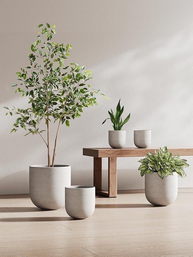 LE TAUCI 8 Inch Plant Pot, Ceramic Pot with Drainage Hole & Rubber Plug, Indoor Planter for Herbs & Small Houseplants, Cylinder Planter for Home Office, Neutral Gray